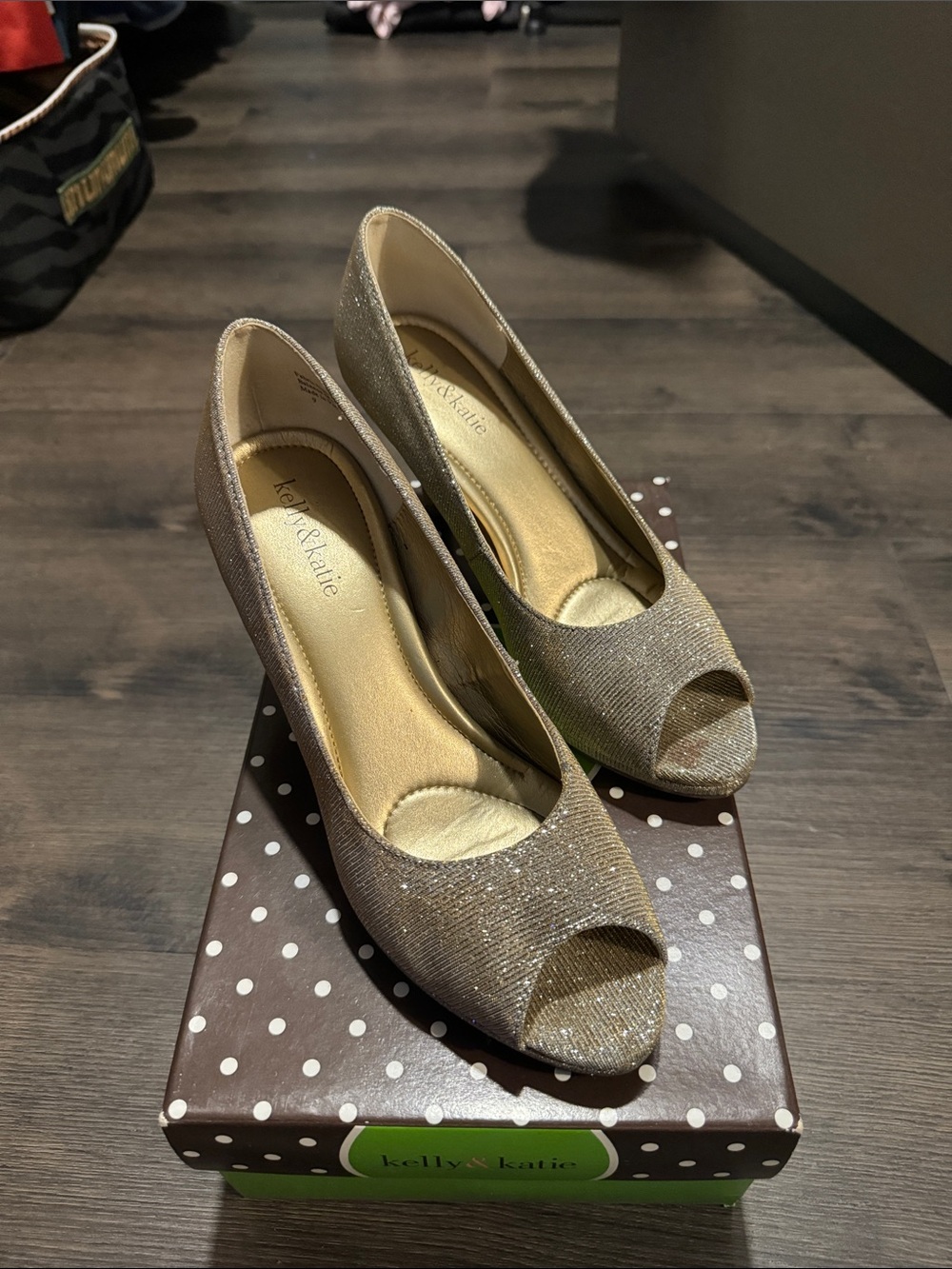 Kelly & Katie Glittery Gold Peep-Toe Pumps